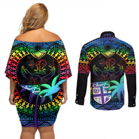 Fiji LGBT Couples Matching Off Shoulder Short Dress and Long Sleeve Button Shirts Love Is Love Tapa Pattern Rainbow Water Color LT9 - Wonder Print Shop