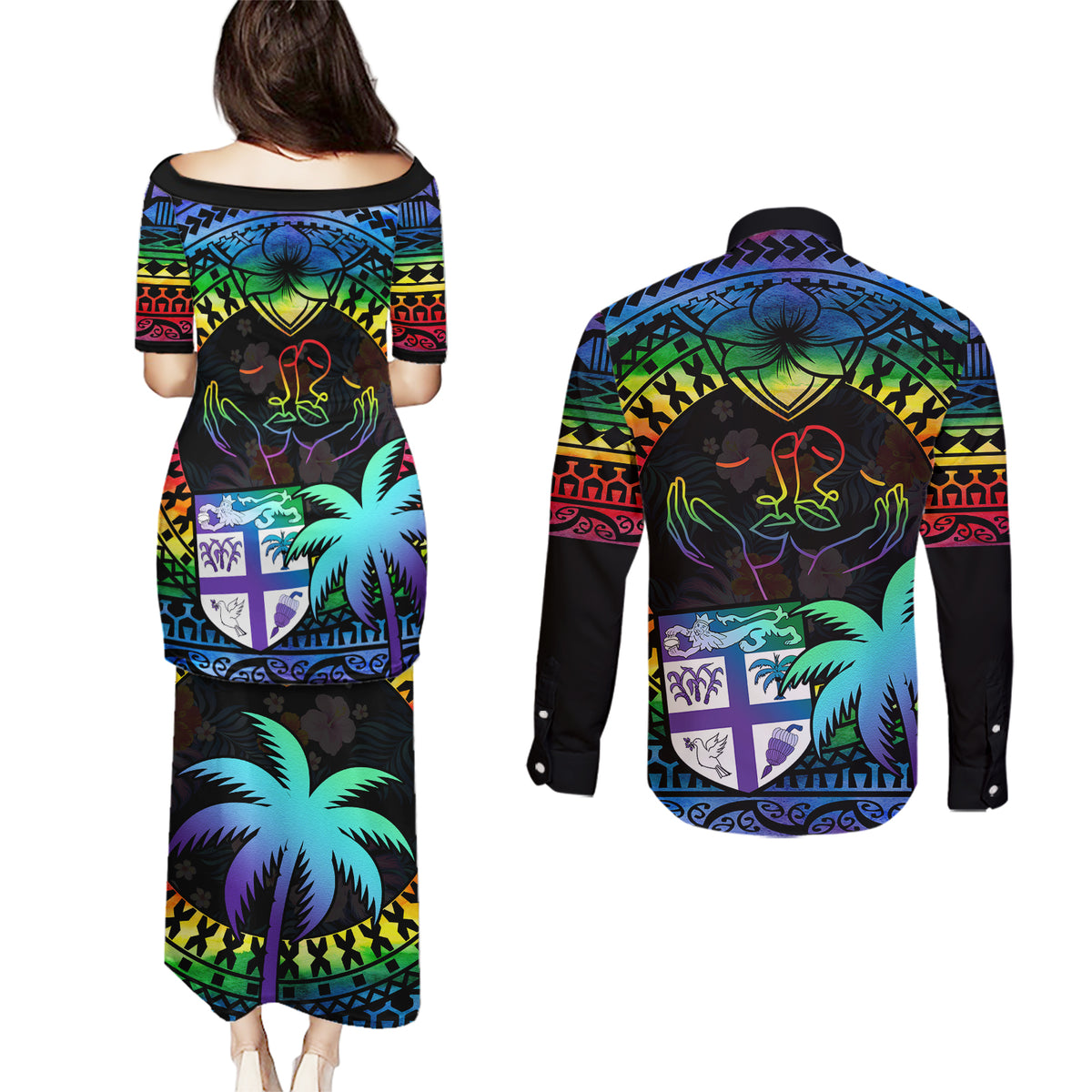 Fiji LGBT Couples Matching Puletasi Dress and Long Sleeve Button Shirts Love Is Love Tapa Pattern Rainbow Water Color LT9 - Wonder Print Shop