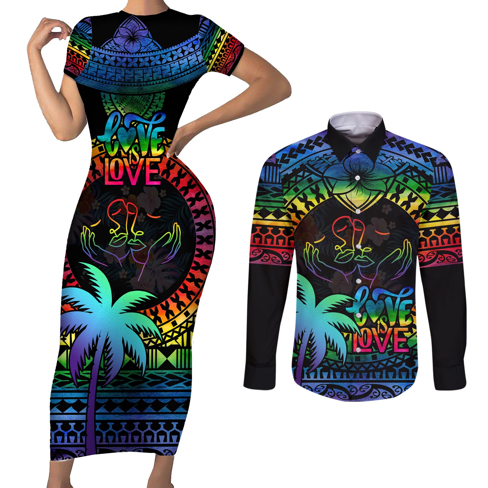 Fiji LGBT Couples Matching Short Sleeve Bodycon Dress and Long Sleeve Button Shirts Love Is Love Tapa Pattern Rainbow Water Color LT9 - Wonder Print Shop