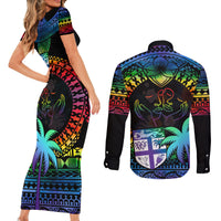 Fiji LGBT Couples Matching Short Sleeve Bodycon Dress and Long Sleeve Button Shirts Love Is Love Tapa Pattern Rainbow Water Color LT9 - Wonder Print Shop