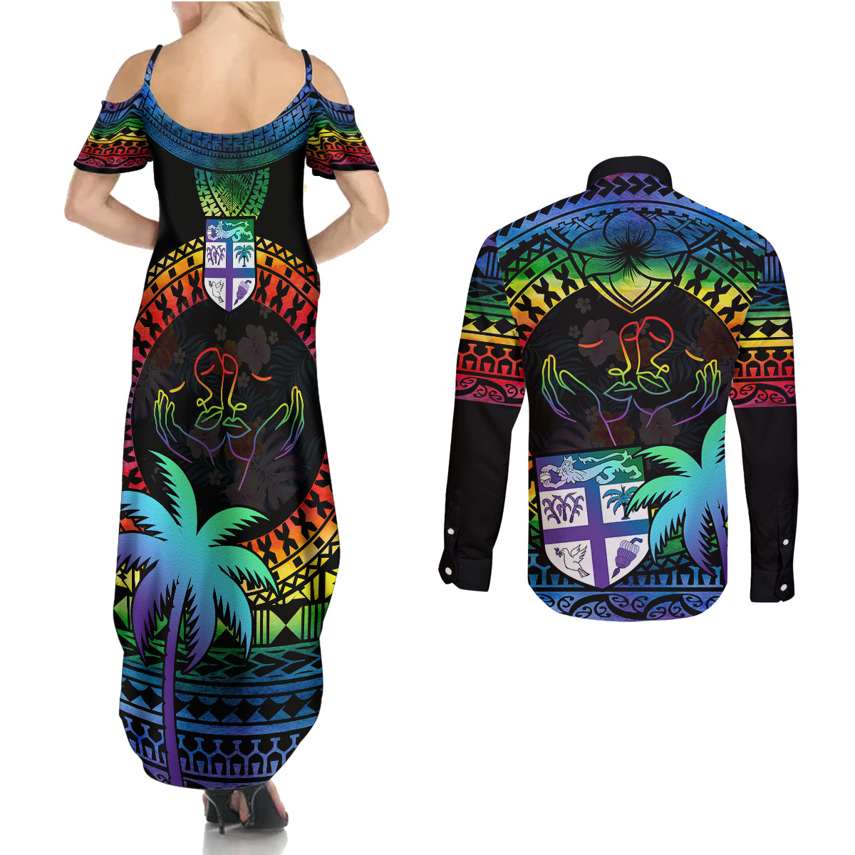 Fiji LGBT Couples Matching Summer Maxi Dress and Long Sleeve Button Shirts Love Is Love Tapa Pattern Rainbow Water Color LT9 - Wonder Print Shop