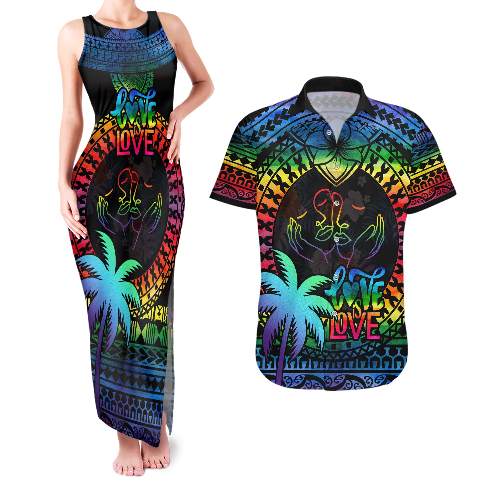 Fiji LGBT Couples Matching Tank Maxi Dress and Hawaiian Shirt Love Is Love Tapa Pattern Rainbow Water Color LT9 - Wonder Print Shop