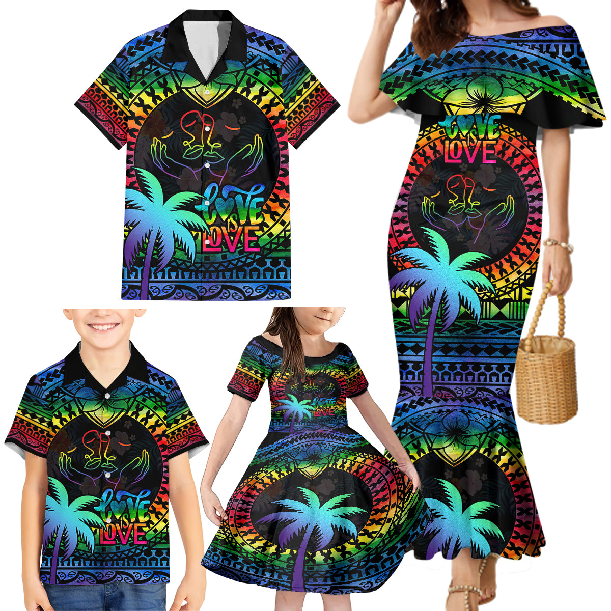 Fiji LGBT Family Matching Mermaid Dress and Hawaiian Shirt Love Is Love Tapa Pattern Rainbow Water Color LT9 - Wonder Print Shop
