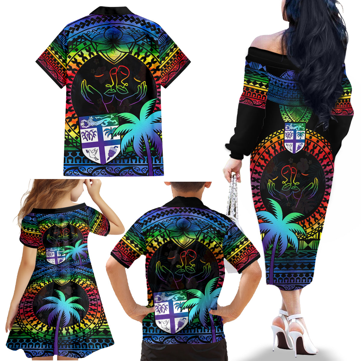 Fiji LGBT Family Matching Off Shoulder Long Sleeve Dress and Hawaiian Shirt Love Is Love Tapa Pattern Rainbow Water Color - Wonder Print Shop
