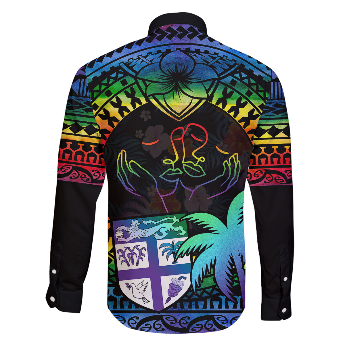 Fiji LGBT Family Matching Off Shoulder Long Sleeve Dress and Hawaiian Shirt Love Is Love Tapa Pattern Rainbow Water Color - Wonder Print Shop