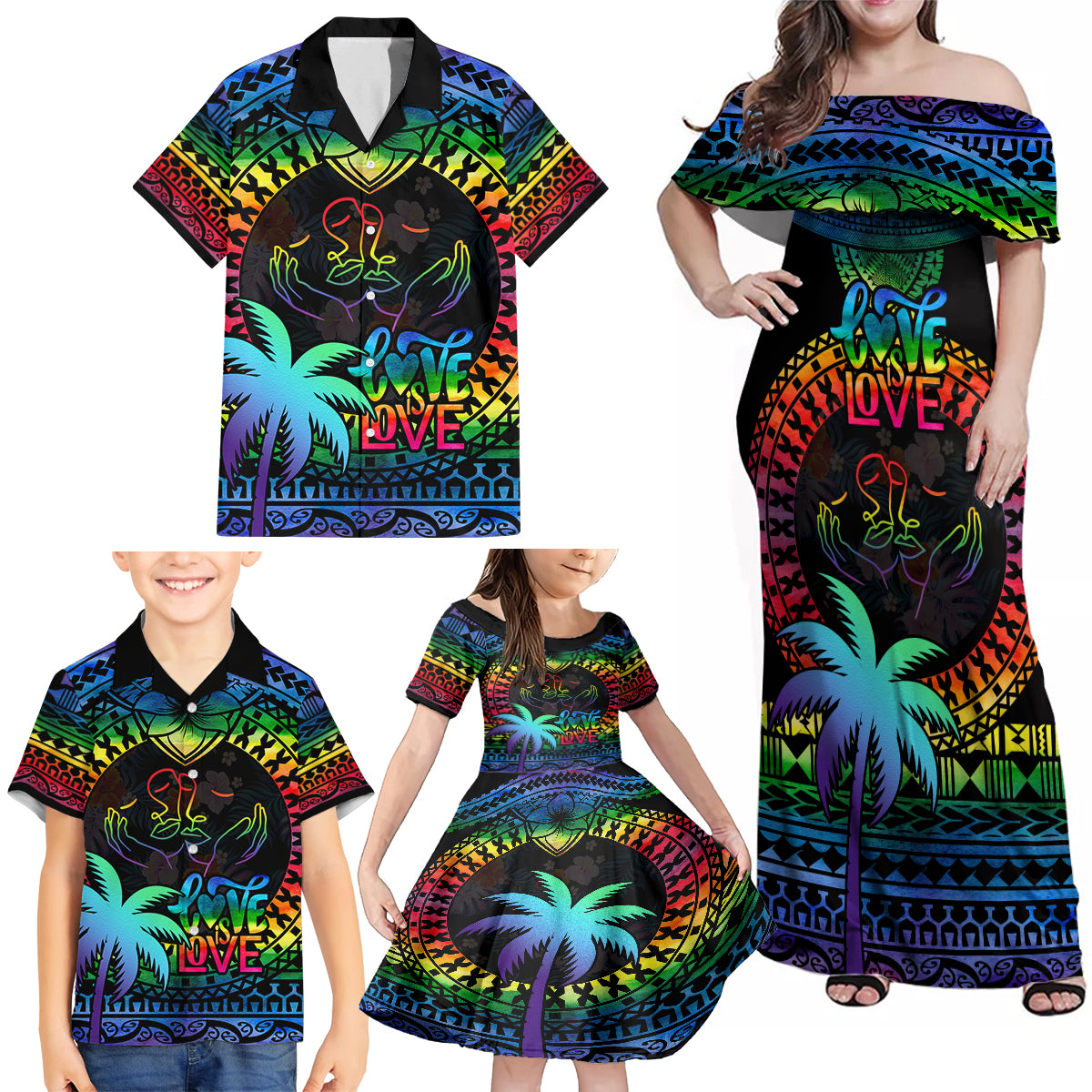 Fiji LGBT Family Matching Off Shoulder Maxi Dress and Hawaiian Shirt Love Is Love Tapa Pattern Rainbow Water Color LT9 - Wonder Print Shop