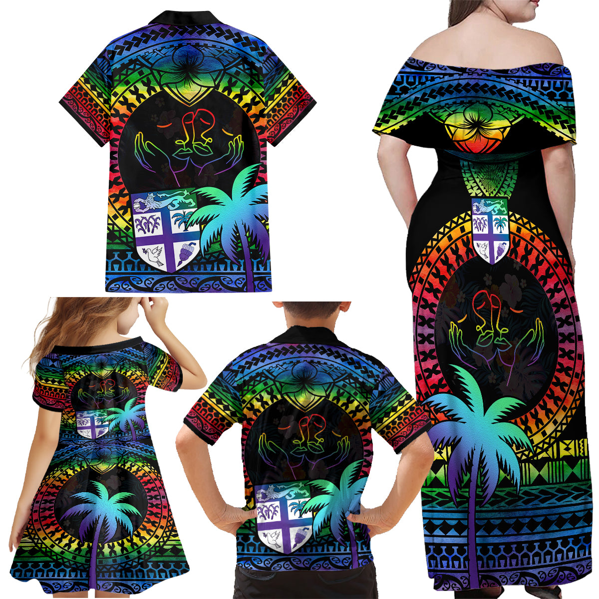 Fiji LGBT Family Matching Off Shoulder Maxi Dress and Hawaiian Shirt Love Is Love Tapa Pattern Rainbow Water Color LT9 - Wonder Print Shop