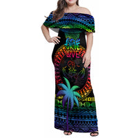 Fiji LGBT Family Matching Off Shoulder Maxi Dress and Hawaiian Shirt Love Is Love Tapa Pattern Rainbow Water Color LT9 - Wonder Print Shop