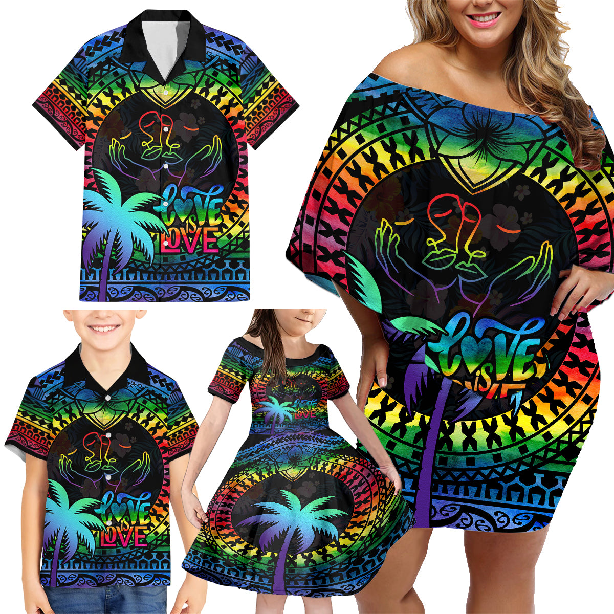 Fiji LGBT Family Matching Off Shoulder Short Dress and Hawaiian Shirt Love Is Love Tapa Pattern Rainbow Water Color LT9 - Wonder Print Shop