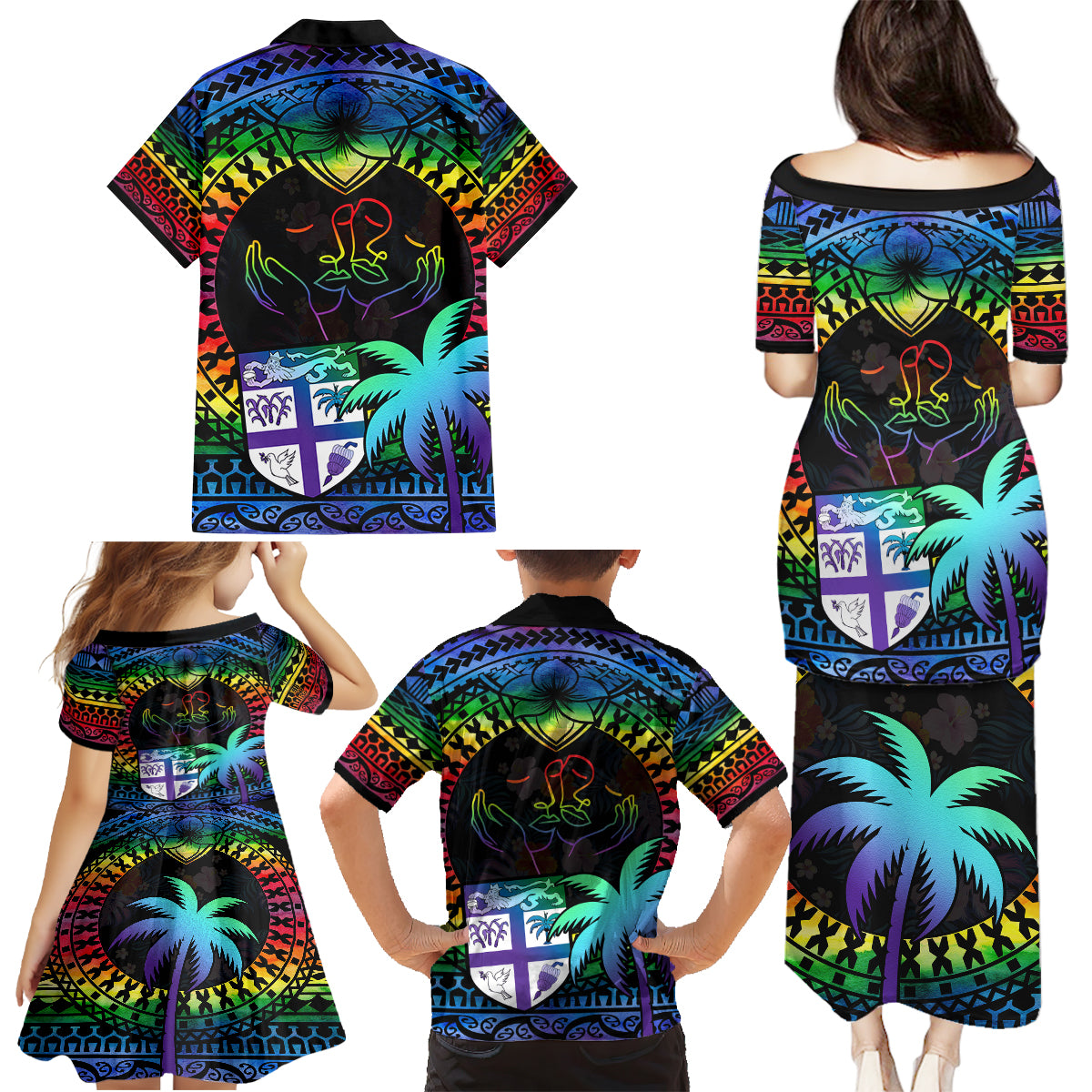 Fiji LGBT Family Matching Puletasi Dress and Hawaiian Shirt Love Is Love Tapa Pattern Rainbow Water Color - Wonder Print Shop