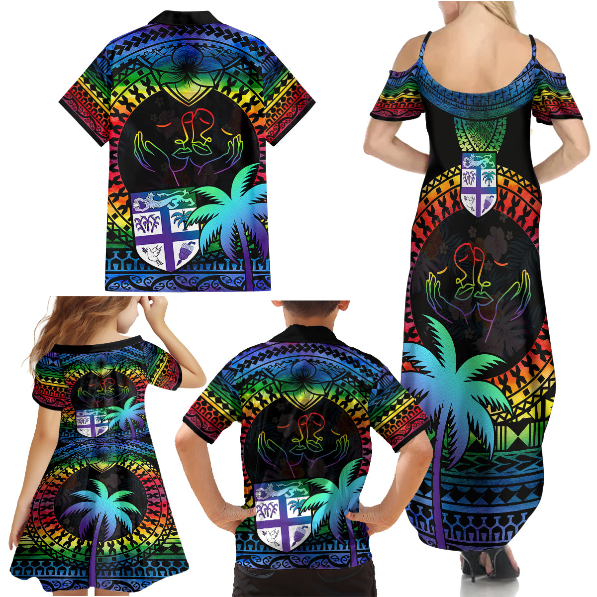 Fiji LGBT Family Matching Summer Maxi Dress and Hawaiian Shirt Love Is Love Tapa Pattern Rainbow Water Color - Wonder Print Shop