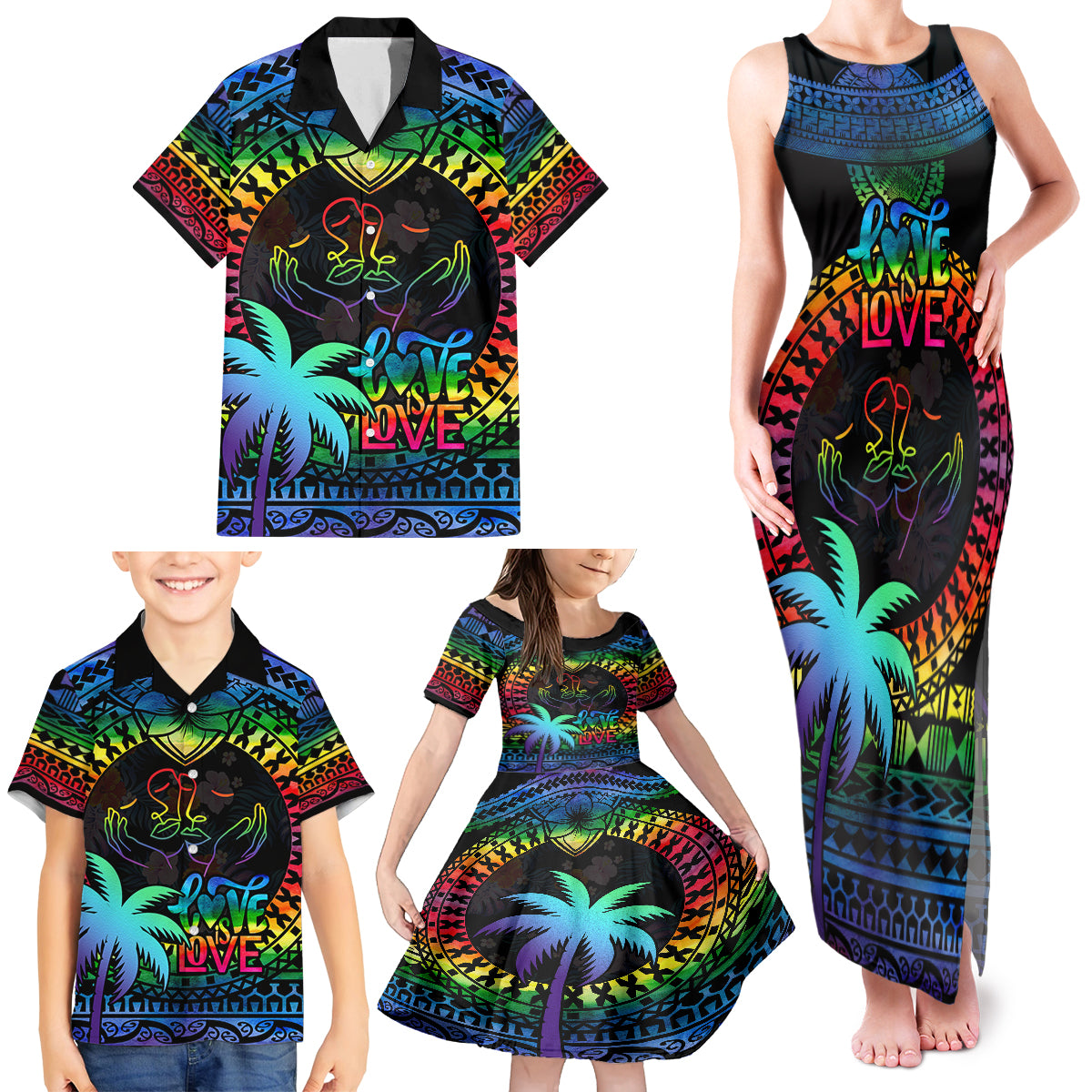 Fiji LGBT Family Matching Tank Maxi Dress and Hawaiian Shirt Love Is Love Tapa Pattern Rainbow Water Color - Wonder Print Shop