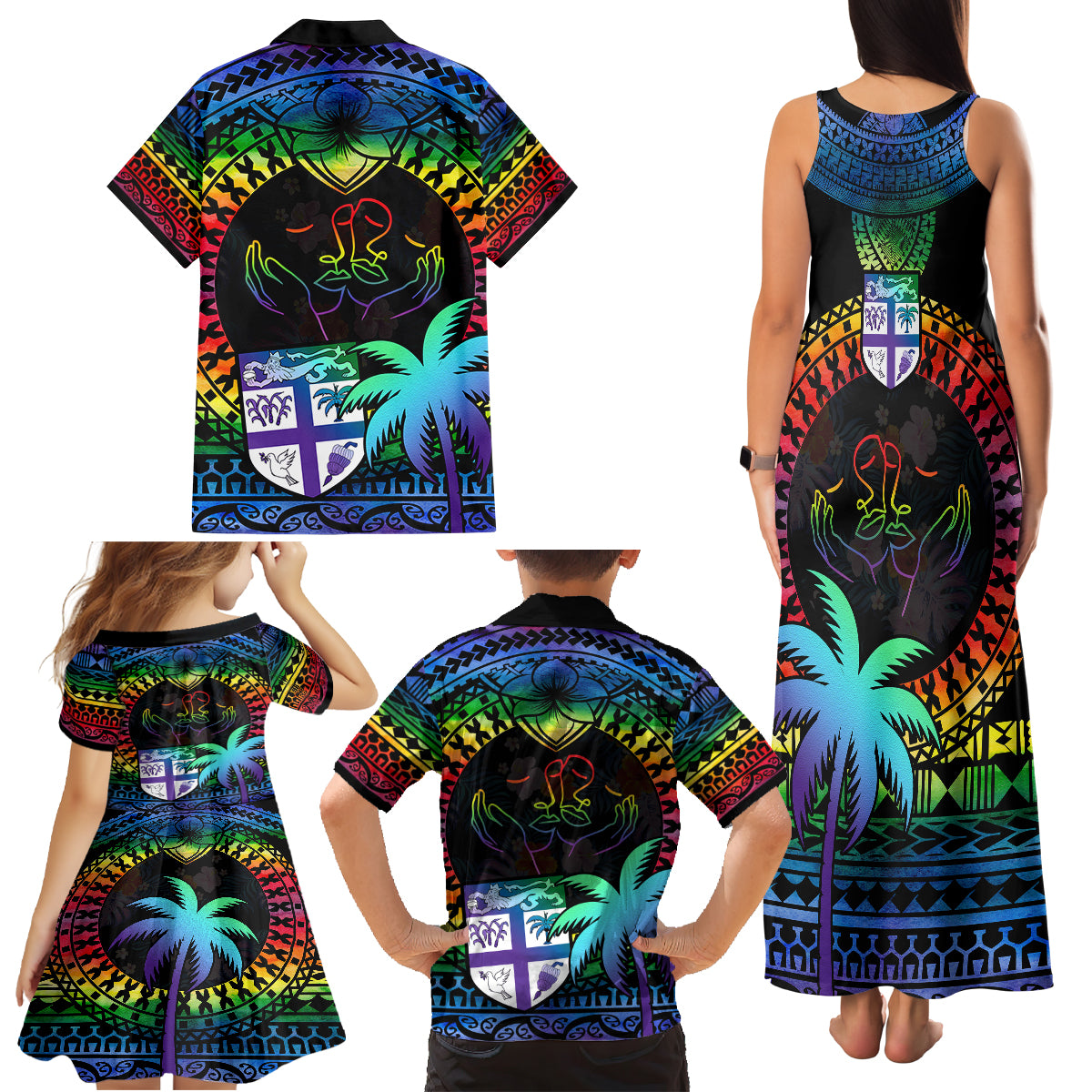 Fiji LGBT Family Matching Tank Maxi Dress and Hawaiian Shirt Love Is Love Tapa Pattern Rainbow Water Color - Wonder Print Shop