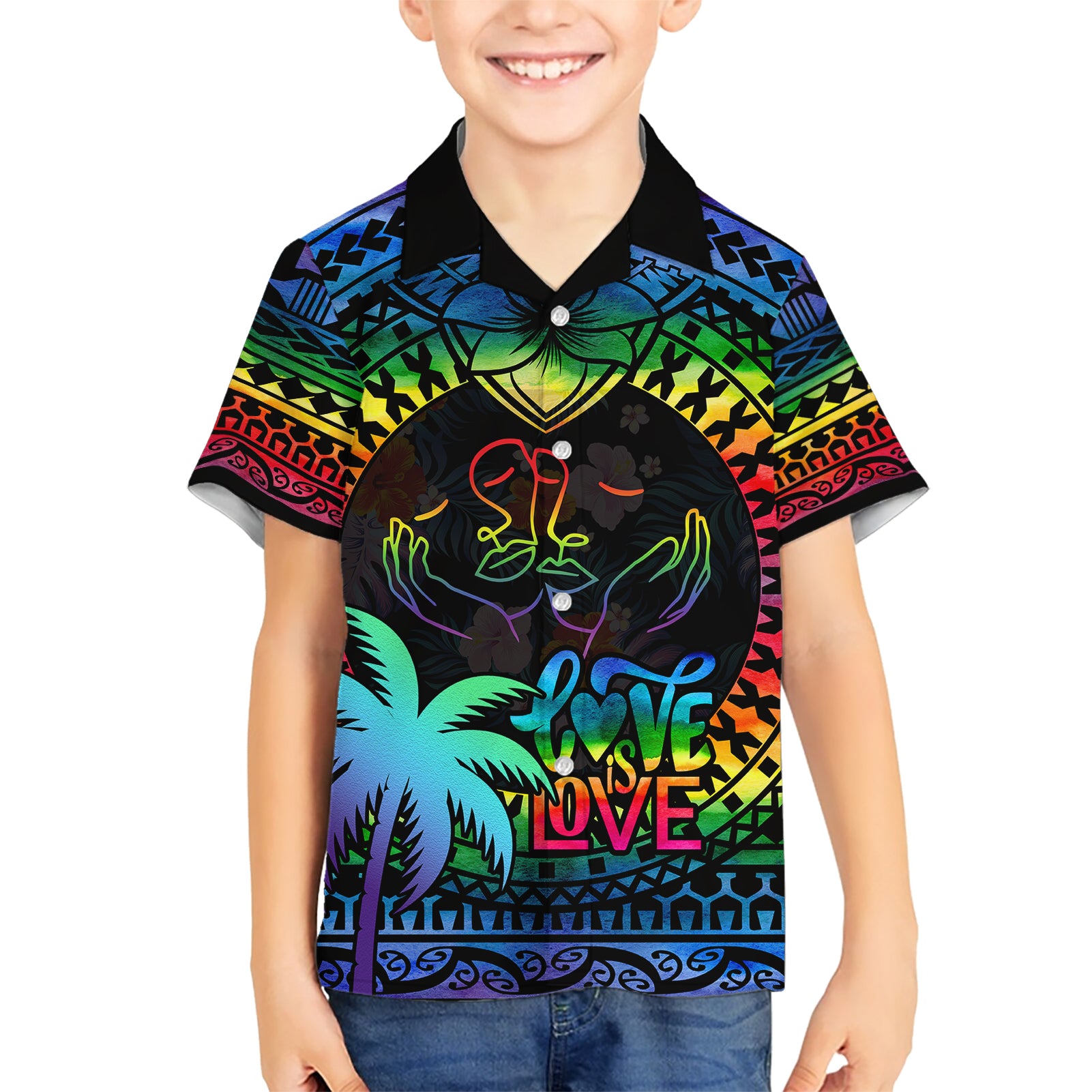 Fiji LGBT Kid Hawaiian Shirt Love Is Love Tapa Pattern Rainbow Water Color - Wonder Print Shop