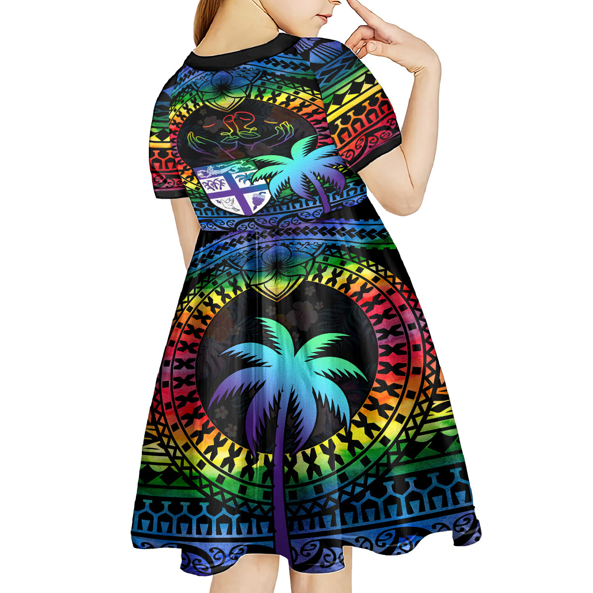 Fiji LGBT Kid Short Sleeve Dress Love Is Love Tapa Pattern Rainbow Water Color - Wonder Print Shop