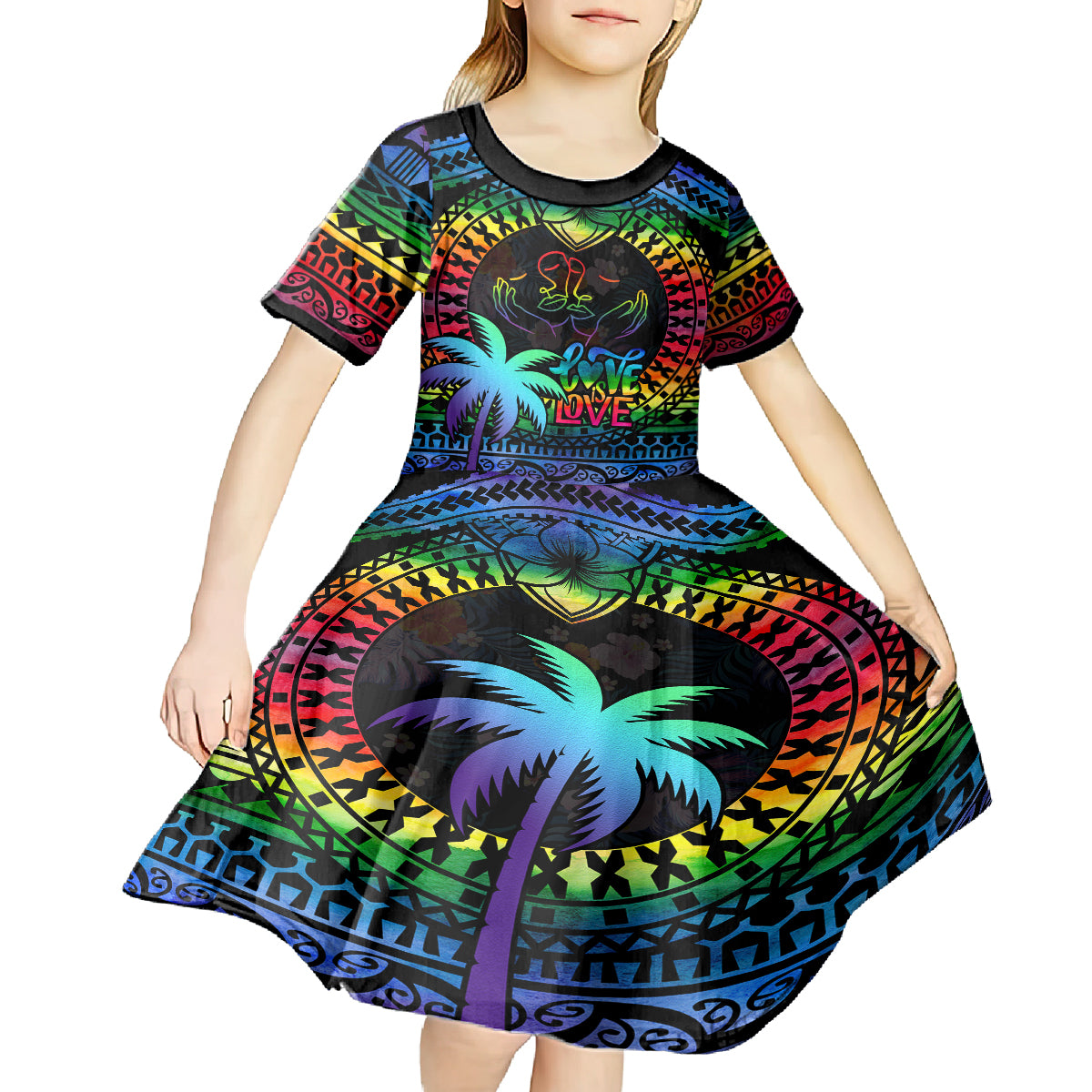 Fiji LGBT Kid Short Sleeve Dress Love Is Love Tapa Pattern Rainbow Water Color - Wonder Print Shop