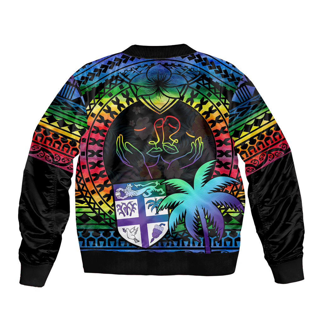 Fiji LGBT Sleeve Zip Bomber Jacket Love Is Love Tapa Pattern Rainbow Water Color - Wonder Print Shop