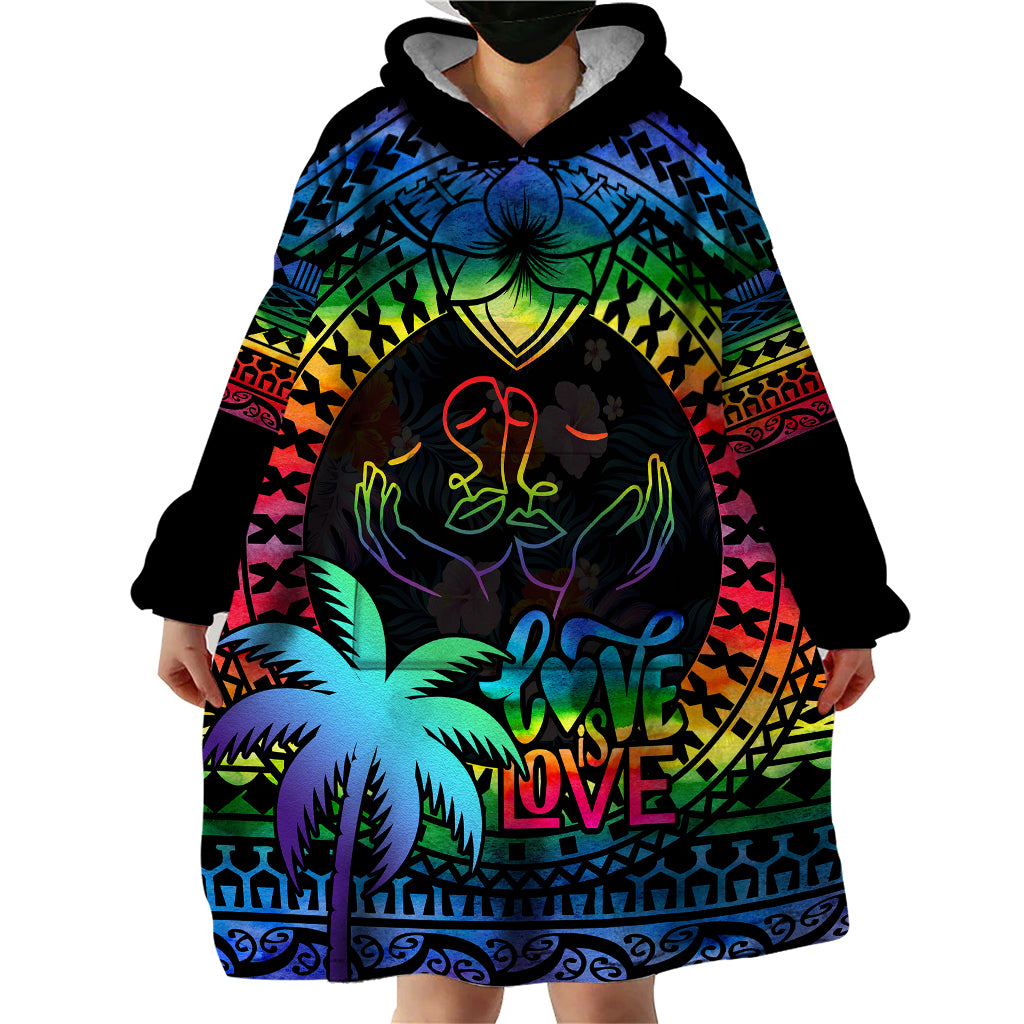 Fiji LGBT Wearable Blanket Hoodie Love Is Love Tapa Pattern Rainbow Water Color - Wonder Print Shop