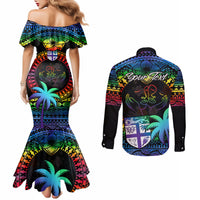 personalised-fiji-lgbt-couples-matching-mermaid-dress-and-long-sleeve-button-shirts-love-is-love-tapa-pattern-rainbow-water-color