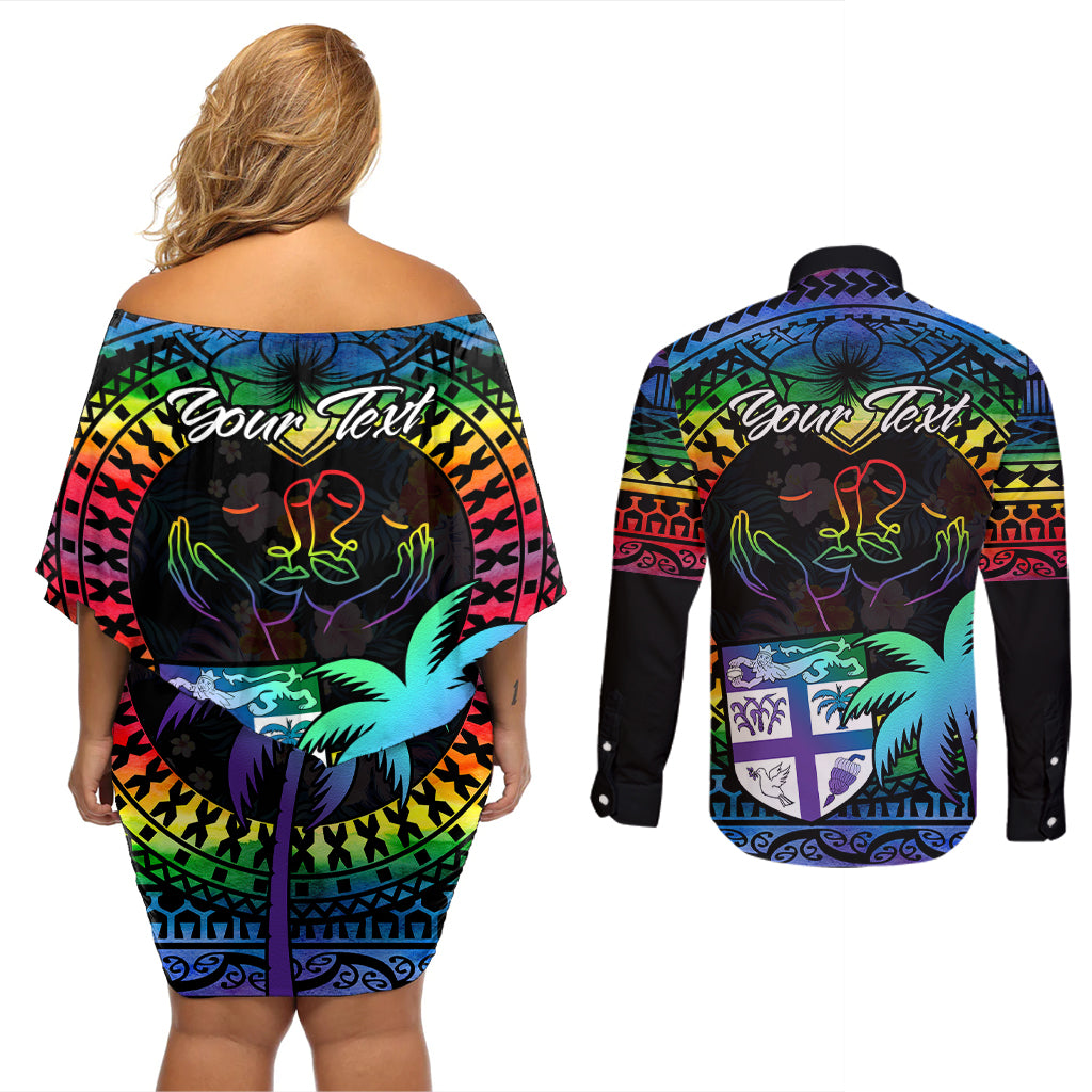 Personalised Fiji LGBT Couples Matching Off Shoulder Short Dress and Long Sleeve Button Shirts Love Is Love Tapa Pattern Rainbow Water Color LT9 - Wonder Print Shop