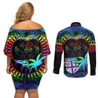 Personalised Fiji LGBT Couples Matching Off Shoulder Short Dress and Long Sleeve Button Shirts Love Is Love Tapa Pattern Rainbow Water Color LT9 - Wonder Print Shop