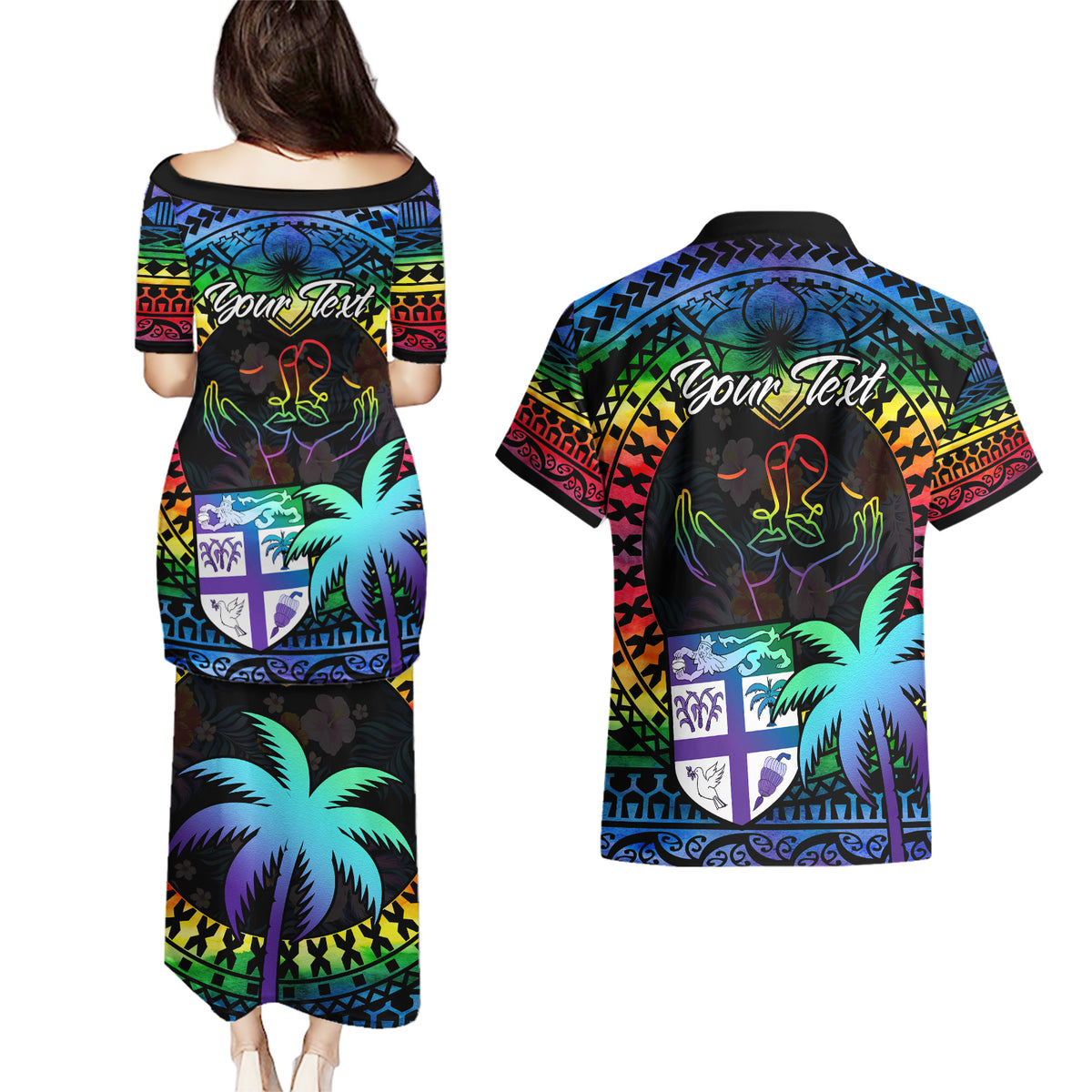 Personalised Fiji LGBT Couples Matching Puletasi Dress and Hawaiian Shirt Love Is Love Tapa Pattern Rainbow Water Color LT9 - Wonder Print Shop