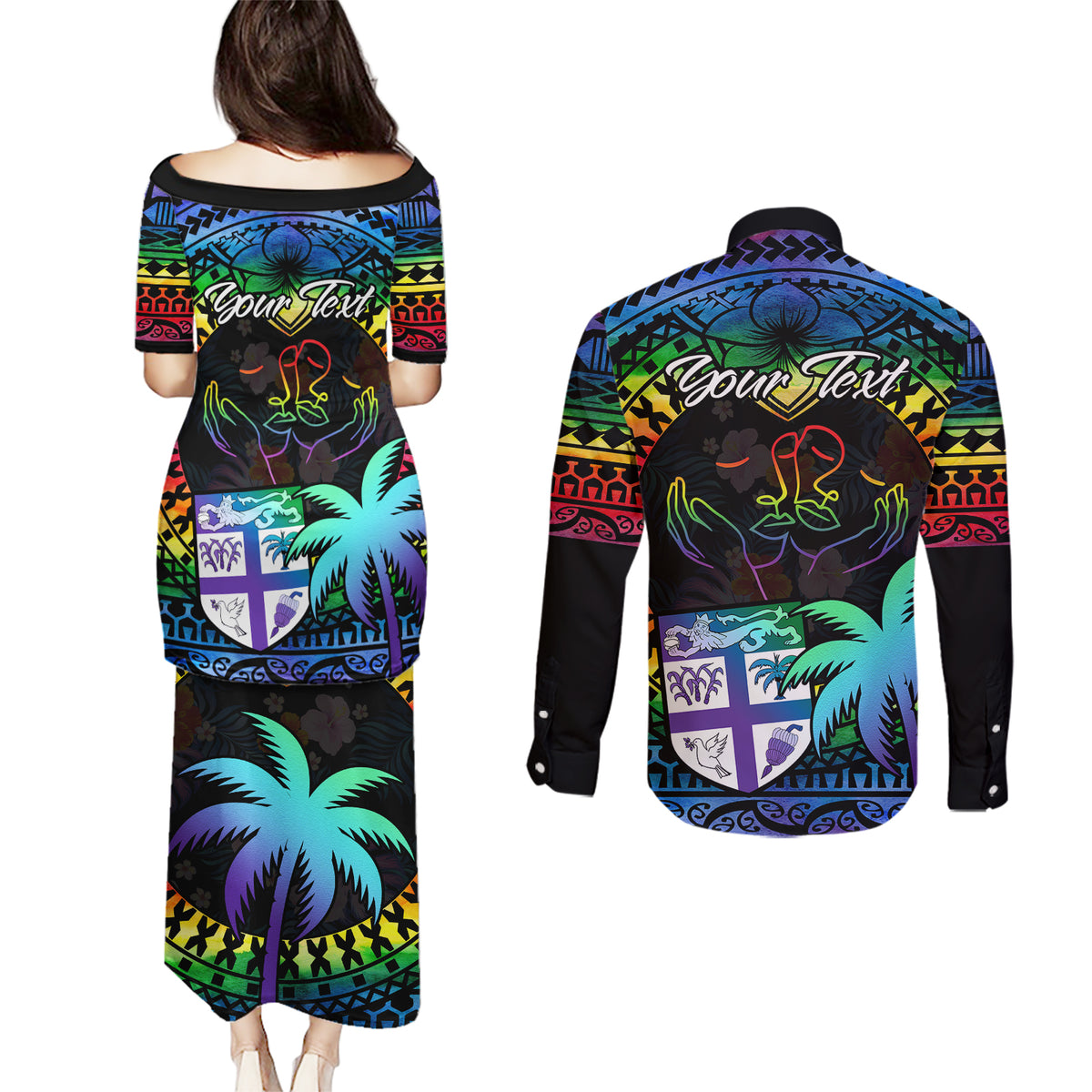 Personalised Fiji LGBT Couples Matching Puletasi Dress and Long Sleeve Button Shirts Love Is Love Tapa Pattern Rainbow Water Color LT9 - Wonder Print Shop