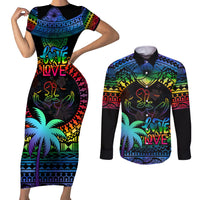 Personalised Fiji LGBT Couples Matching Short Sleeve Bodycon Dress and Long Sleeve Button Shirts Love Is Love Tapa Pattern Rainbow Water Color LT9 - Wonder Print Shop
