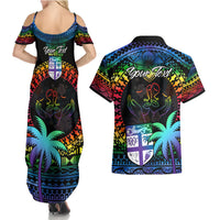 Personalised Fiji LGBT Couples Matching Summer Maxi Dress and Hawaiian Shirt Love Is Love Tapa Pattern Rainbow Water Color LT9 - Wonder Print Shop