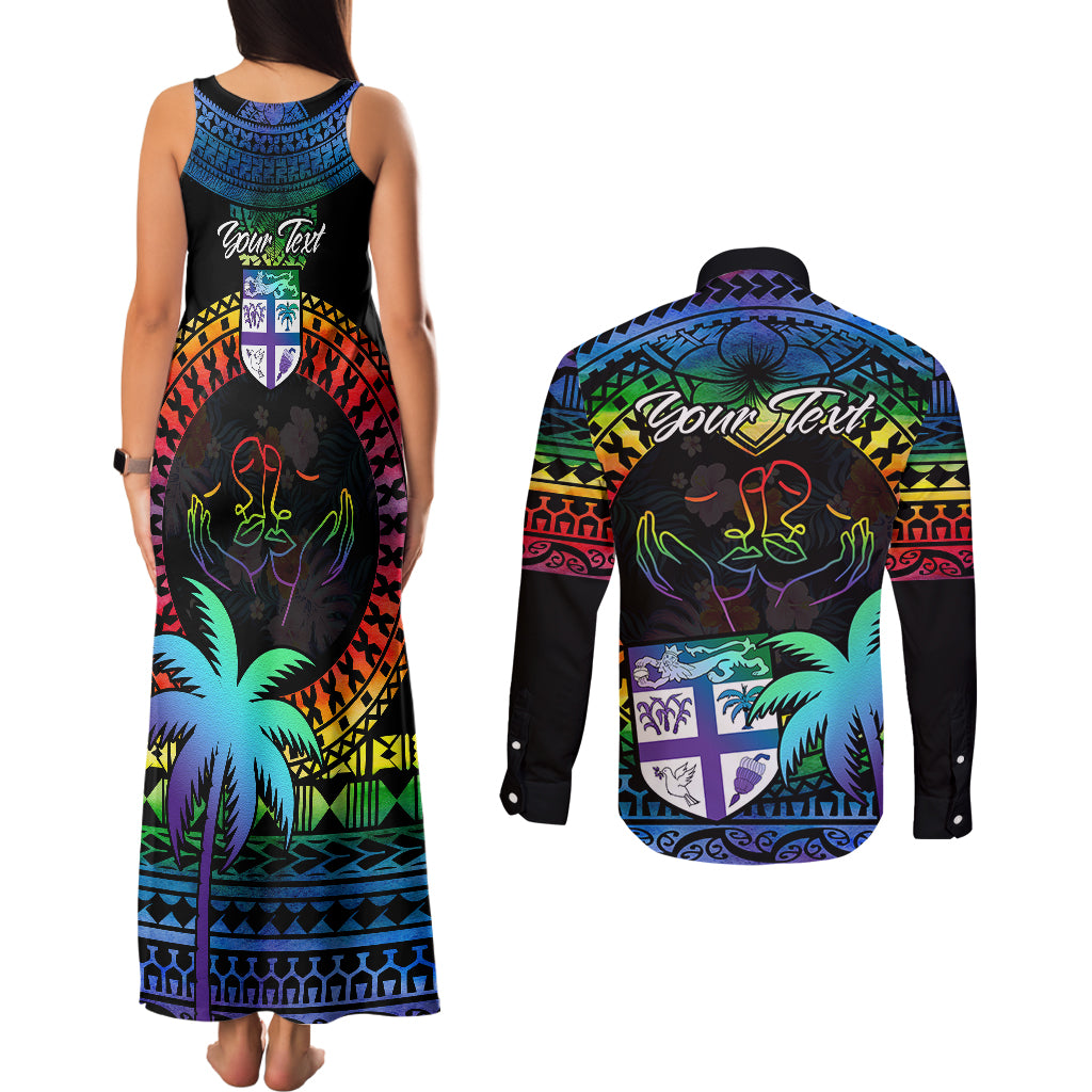 Personalised Fiji LGBT Couples Matching Tank Maxi Dress and Long Sleeve Button Shirts Love Is Love Tapa Pattern Rainbow Water Color LT9 - Wonder Print Shop