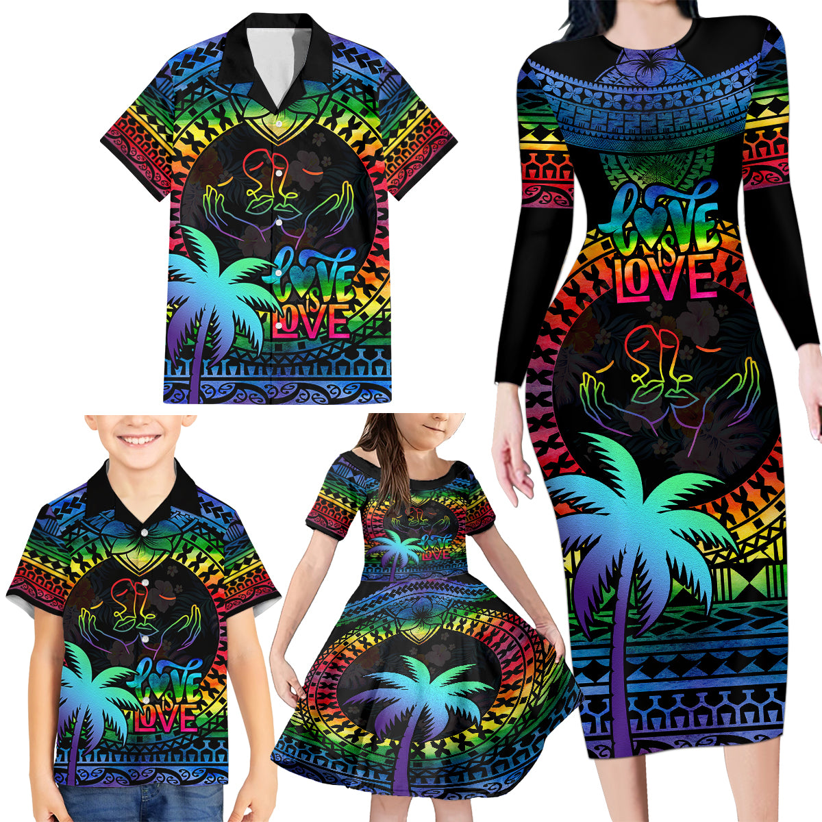 Personalised Fiji LGBT Family Matching Long Sleeve Bodycon Dress and Hawaiian Shirt Love Is Love Tapa Pattern Rainbow Water Color LT9 - Wonder Print Shop