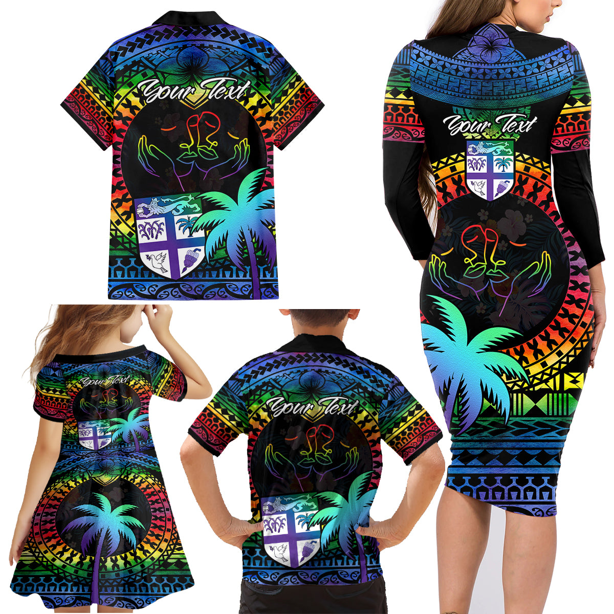 Personalised Fiji LGBT Family Matching Long Sleeve Bodycon Dress and Hawaiian Shirt Love Is Love Tapa Pattern Rainbow Water Color LT9 - Wonder Print Shop