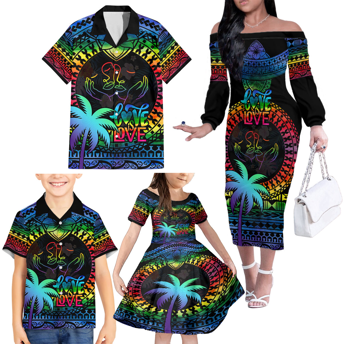 Personalised Fiji LGBT Family Matching Off Shoulder Long Sleeve Dress and Hawaiian Shirt Love Is Love Tapa Pattern Rainbow Water Color - Wonder Print Shop