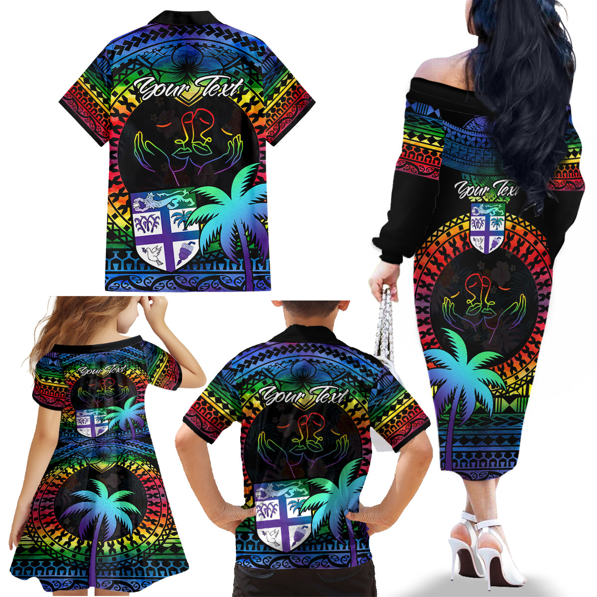 Personalised Fiji LGBT Family Matching Off Shoulder Long Sleeve Dress and Hawaiian Shirt Love Is Love Tapa Pattern Rainbow Water Color - Wonder Print Shop