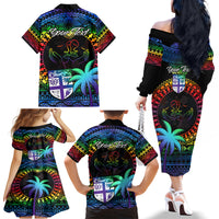 Personalised Fiji LGBT Family Matching Off Shoulder Long Sleeve Dress and Hawaiian Shirt Love Is Love Tapa Pattern Rainbow Water Color - Wonder Print Shop