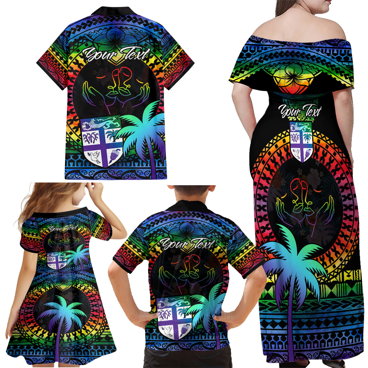 Personalised Fiji LGBT Family Matching Off Shoulder Maxi Dress and Hawaiian Shirt Love Is Love Tapa Pattern Rainbow Water Color LT9 - Wonder Print Shop