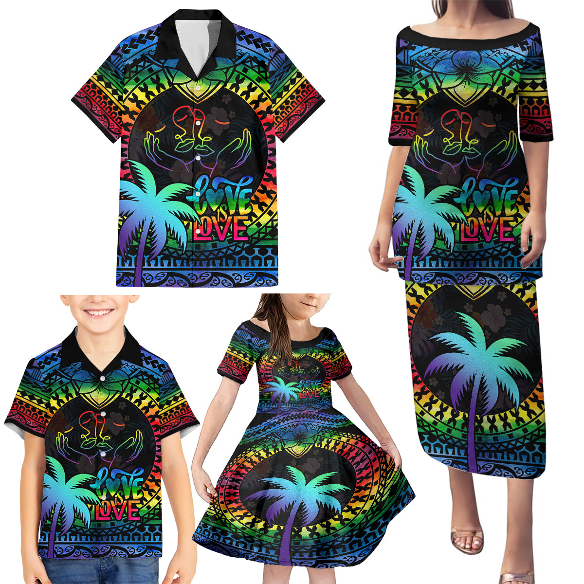 Personalised Fiji LGBT Family Matching Puletasi Dress and Hawaiian Shirt Love Is Love Tapa Pattern Rainbow Water Color - Wonder Print Shop