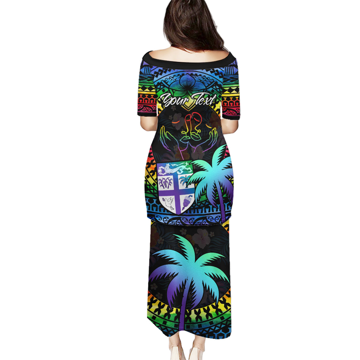 Personalised Fiji LGBT Family Matching Puletasi Dress and Hawaiian Shirt Love Is Love Tapa Pattern Rainbow Water Color - Wonder Print Shop