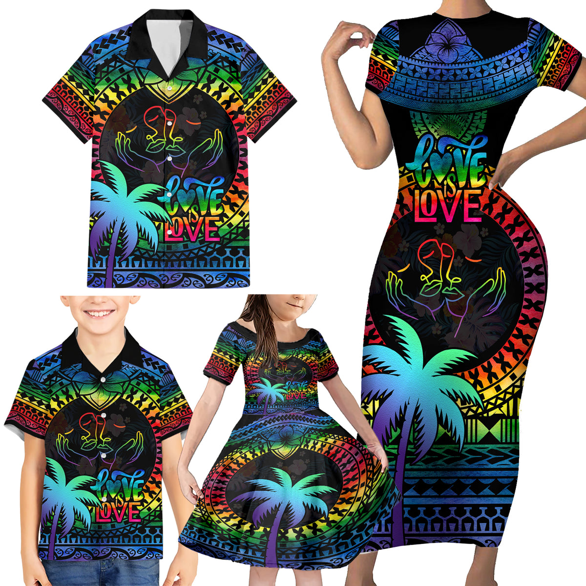Personalised Fiji LGBT Family Matching Short Sleeve Bodycon Dress and Hawaiian Shirt Love Is Love Tapa Pattern Rainbow Water Color - Wonder Print Shop