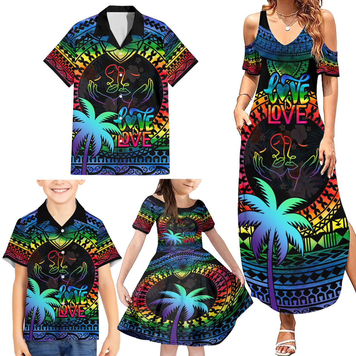Personalised Fiji LGBT Family Matching Summer Maxi Dress and Hawaiian Shirt Love Is Love Tapa Pattern Rainbow Water Color - Wonder Print Shop