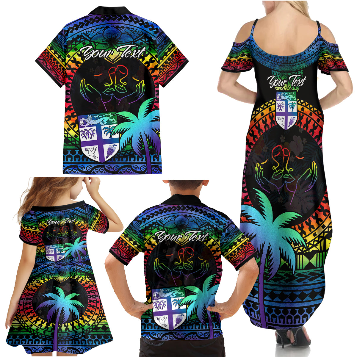 Personalised Fiji LGBT Family Matching Summer Maxi Dress and Hawaiian Shirt Love Is Love Tapa Pattern Rainbow Water Color - Wonder Print Shop