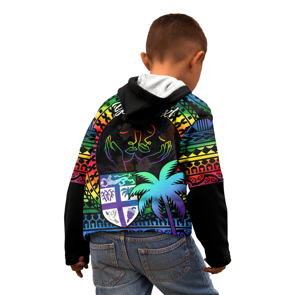 Personalised Fiji LGBT Kid Hoodie Love Is Love Tapa Pattern Rainbow Water Color - Wonder Print Shop