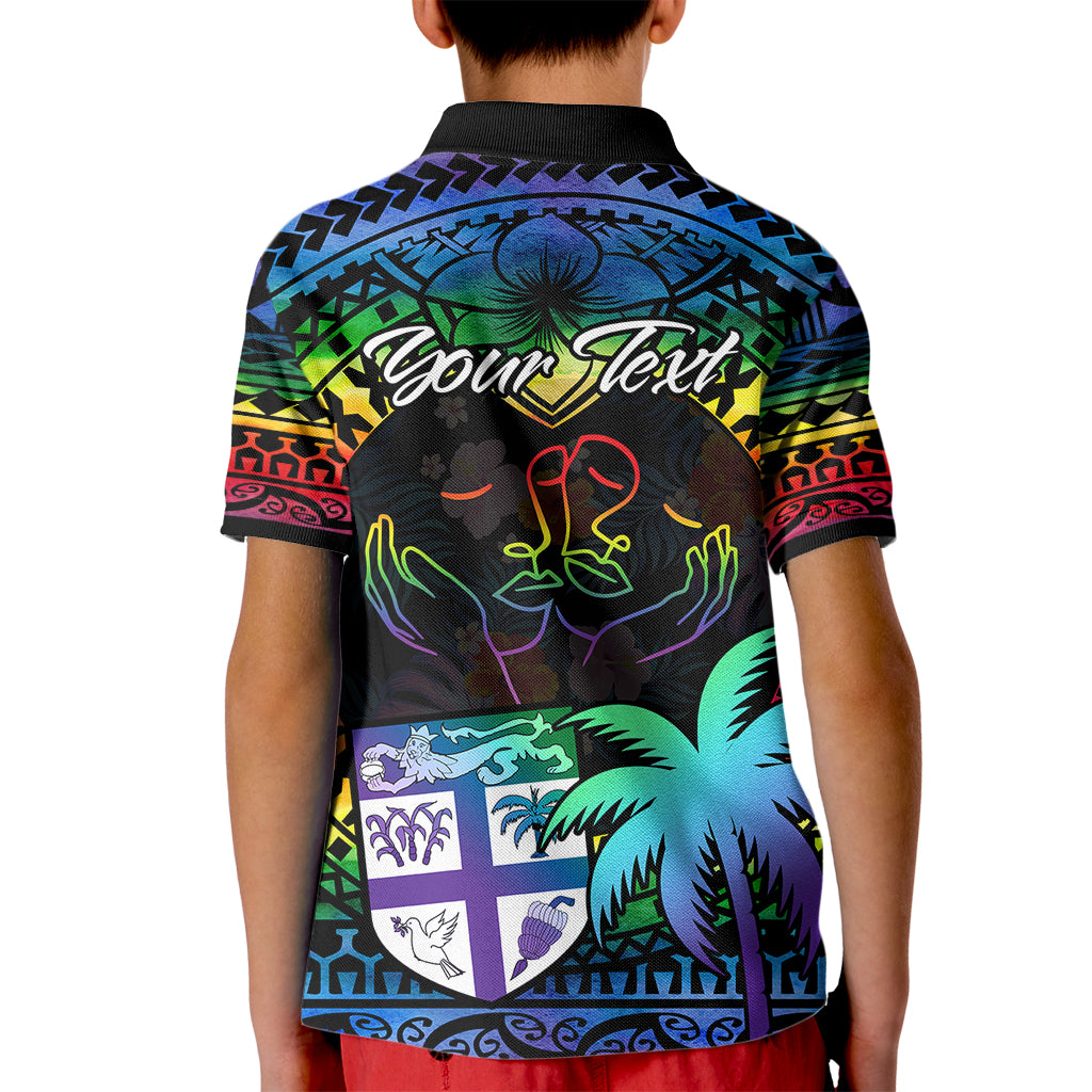 Personalised Fiji LGBT Kid Polo Shirt Love Is Love Tapa Pattern Rainbow Water Color - Wonder Print Shop