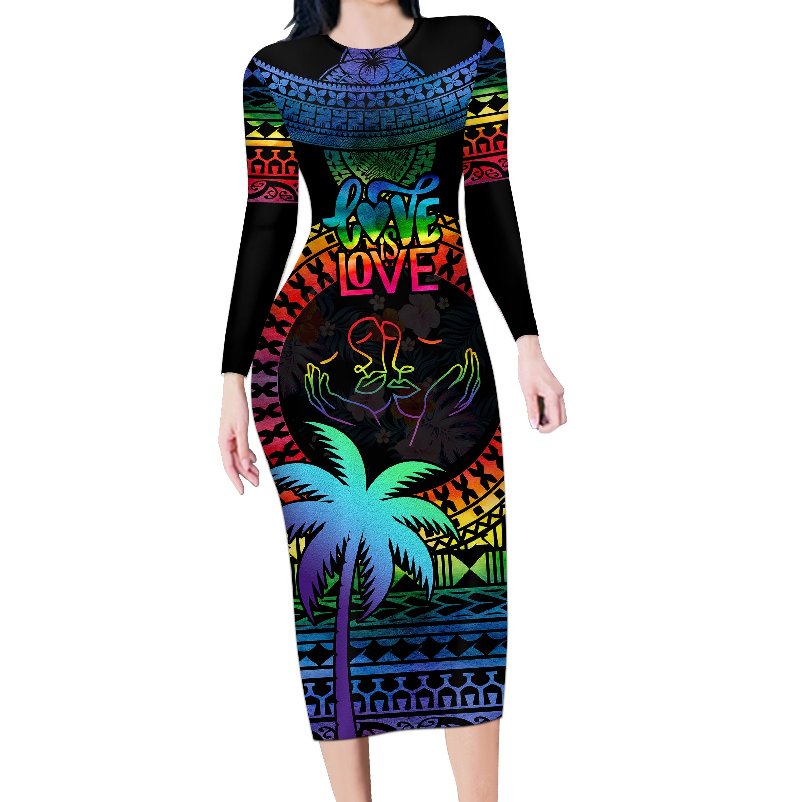 Personalised Fiji LGBT Long Sleeve Bodycon Dress Love Is Love Tapa Pattern Rainbow Water Color - Wonder Print Shop