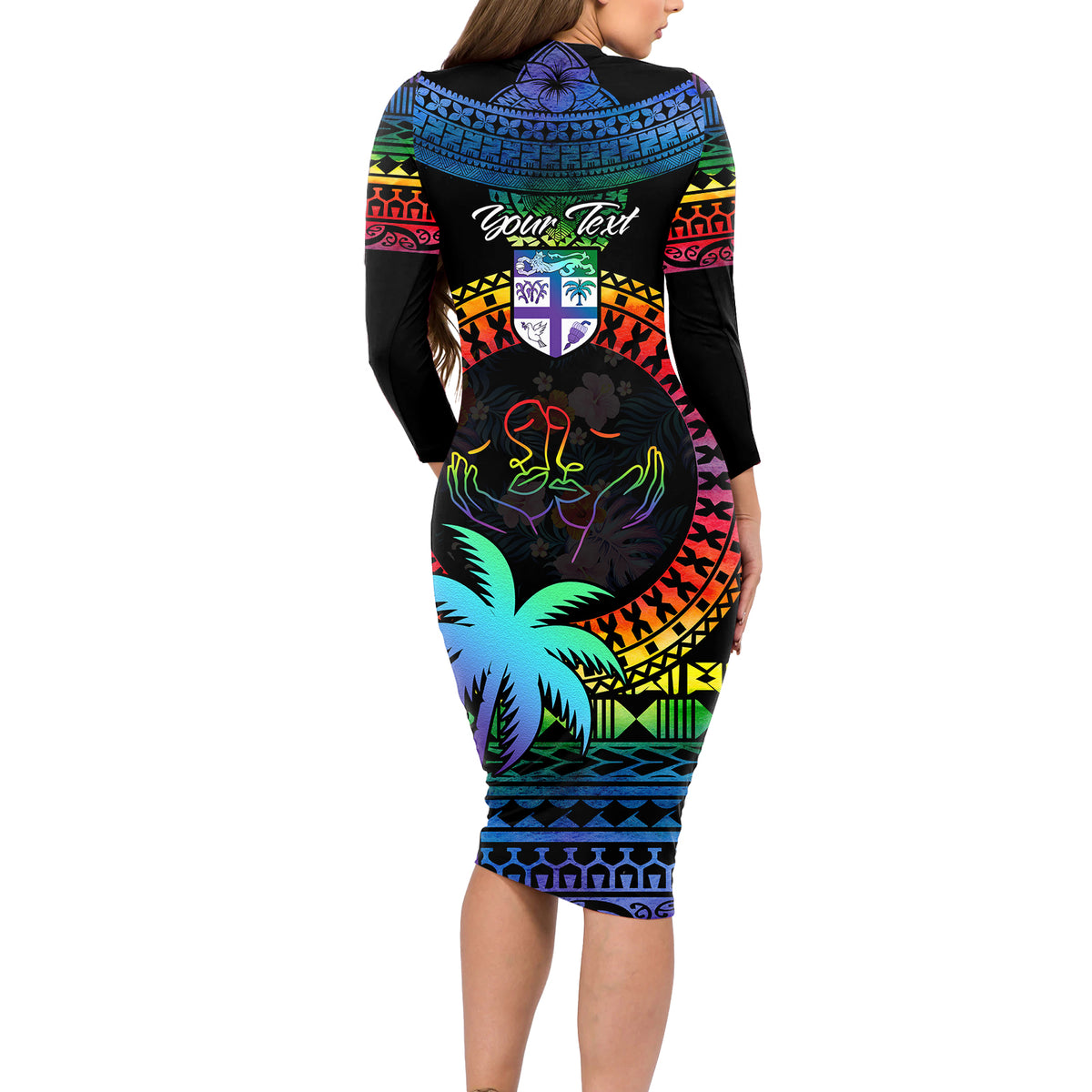 Personalised Fiji LGBT Long Sleeve Bodycon Dress Love Is Love Tapa Pattern Rainbow Water Color - Wonder Print Shop