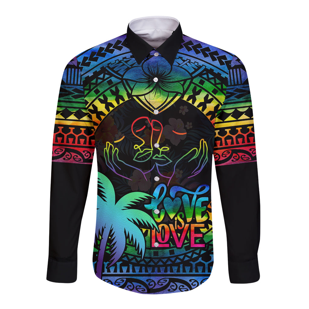Personalised Fiji LGBT Long Sleeve Button Shirt Love Is Love Tapa Pattern Rainbow Water Color - Wonder Print Shop