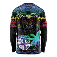 Personalised Fiji LGBT Long Sleeve Shirt Love Is Love Tapa Pattern Rainbow Water Color - Wonder Print Shop