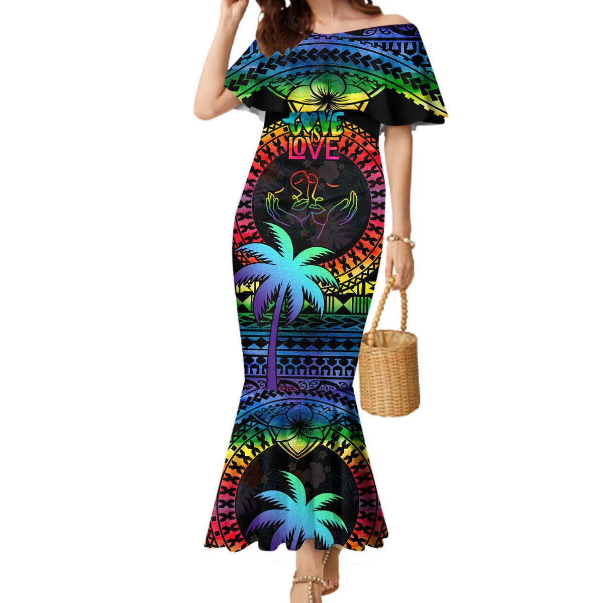 Personalised Fiji LGBT Mermaid Dress Love Is Love Tapa Pattern Rainbow Water Color - Wonder Print Shop