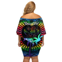 Personalised Fiji LGBT Off Shoulder Short Dress Love Is Love Tapa Pattern Rainbow Water Color - Wonder Print Shop
