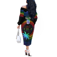 Personalised Fiji LGBT Off The Shoulder Long Sleeve Dress Love Is Love Tapa Pattern Rainbow Water Color - Wonder Print Shop